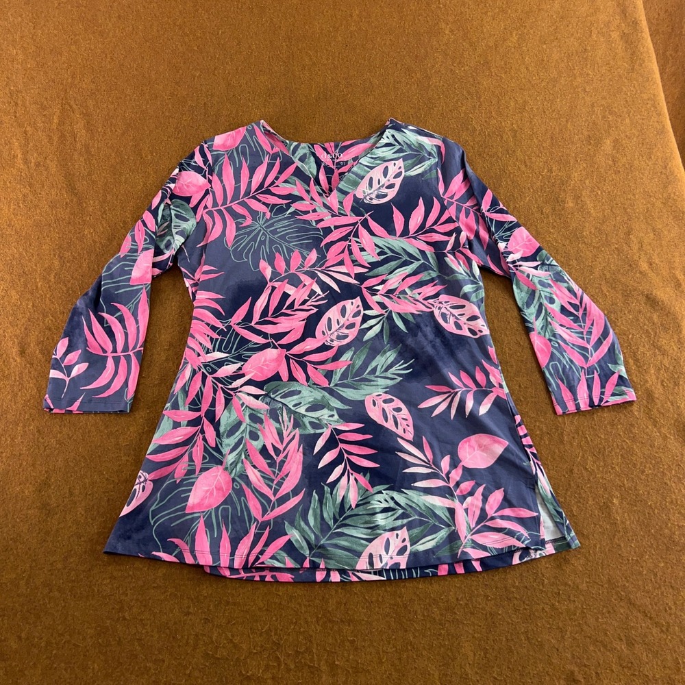 Denim & Co Womens M Navy Pink Tropical Print 3/4 Sleeve V-Neck Tunic Top New
